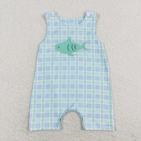 SR0651 baby boy clothes shark blue&green gingham boy summer romper