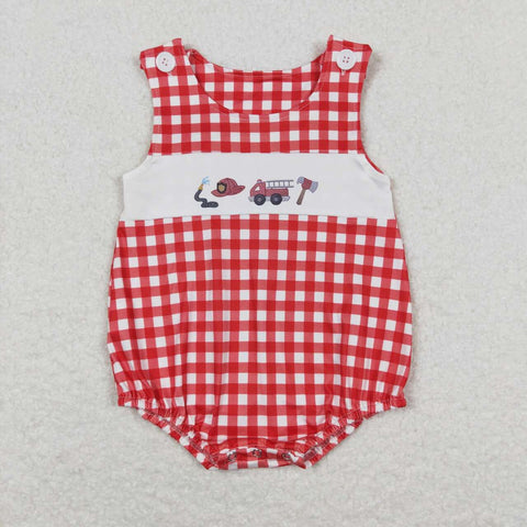 SR1174  baby boy clothes firemen gingham toddler boy summer bubble