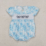 SR2784   baby girl clothes embroidery blue bows toddler girl summer bubble