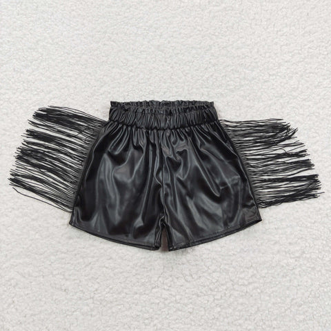 Baby girl black leather fringe shorts