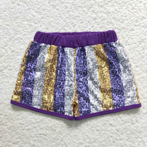 Girl golden & purple striped sequins short pants