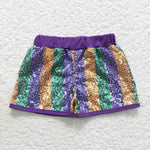 Little girl sequined purple striped shorts