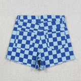 SS0763  baby girl clothes blue gingham girl print summer shorts