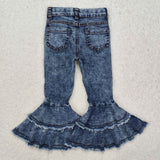C1-13 Girl Denim Blue Holes Bell Bottom Jeans