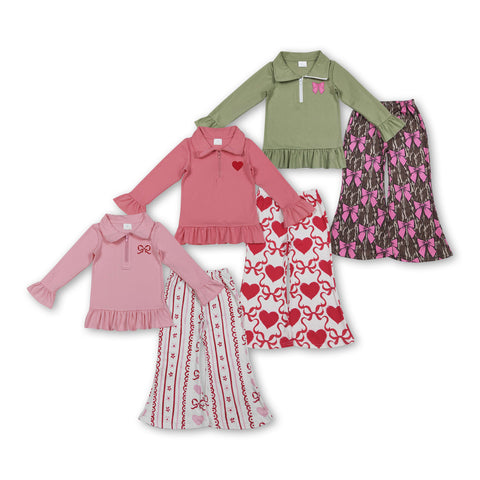 RTS kids matching clothing embroidery bows print clothing baby girl  bell bottom pant clothing-2025.11.26