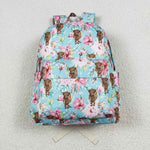 Flower highland cow kids girls blue backpack