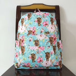 Flower highland cow kids girls blue backpack