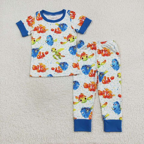 BSPO0419  3-6M to 7-8T baby boy clothes cartoon fish boy pajamas outfit
