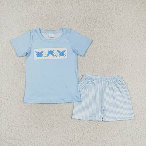 BSSO0765 baby boy clothes Crab blue stripes toddler boy summer outfits