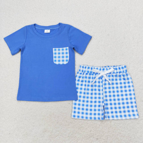 BSSO0865 3-6M to 7-8T baby boy clothes blue gingham toddler boy summer outfits