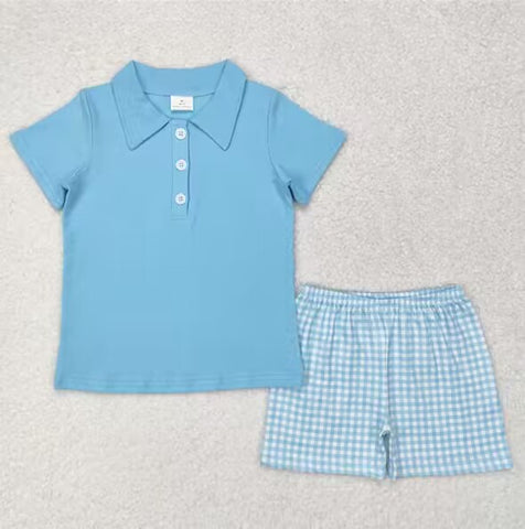 BSSO0954  3-6M to 7-8T baby boy clothes blue gingham toddler boy summer outfits