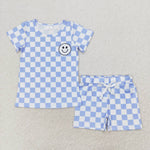 BSSO0974   3-6M to 7-8T baby boy clothes smiley gingham toddler boy summer outfits