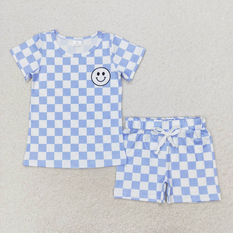 BSSO0974   3-6M to 7-8T baby boy clothes smiley gingham toddler boy summer outfits