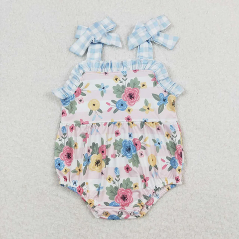 SR0970  baby girl clothes blue flowers girl summer romper