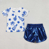 RTS girl clothes girl summer set  colorful cheer girl summer leather shorts set 2