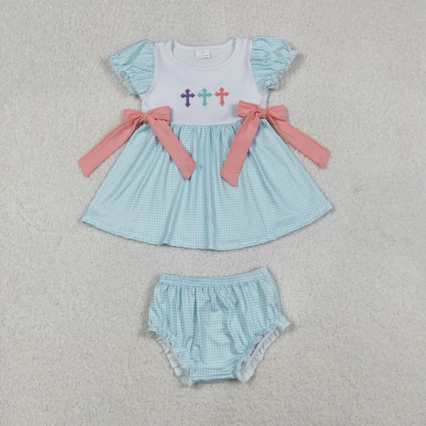 GBO0480   toddler girl clothes embroidery cross girl easter summer bummies set