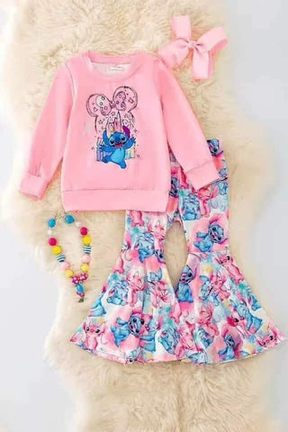 Order Deadline:24th Dec. Split order baby girl clothes cartoon girl bell bottoms pants set