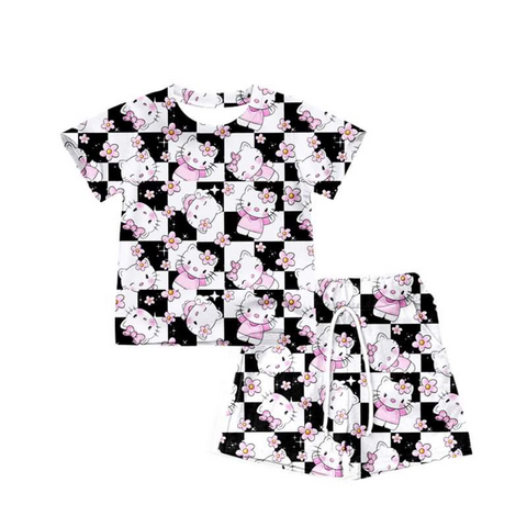 Custom order MOQ:3pcs each design girl  cartoon cat summer set