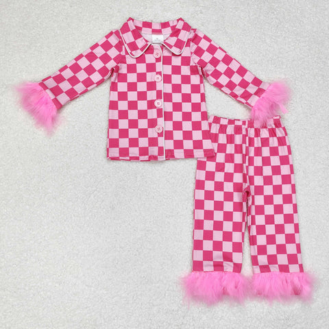 GLP1256  toddler girl clothes pink gingham girl winter pajamas outfit