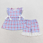 GSSO0707 baby girl clothes blue gingham toddler girl summer outfits