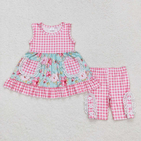 GSSO0851 baby girl clothes flower pink gingham toddler girl summer outfits