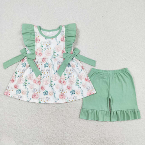 GSSO1004 baby girl clothes green flower toddler girl summer outfits
