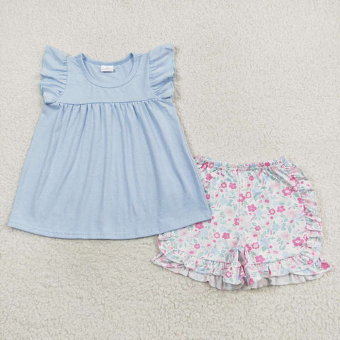 GSSO1056   baby girl clothes blue floral toddler girl summer outfits