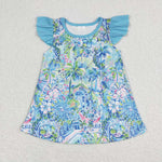 GT0562   baby girl clothes blue painting girl summer tshirt