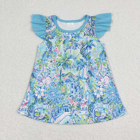 GT0562   baby girl clothes blue painting girl summer tshirt