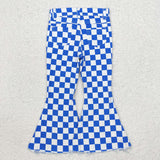 P0610   baby girl clothes blue gingham girl bell bottoms pant jeans