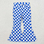 P0610   baby girl clothes blue gingham girl bell bottoms pant jeans