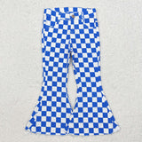 P0610   baby girl clothes blue gingham girl bell bottoms pant jeans