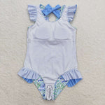 S0278 baby girl clothes blue green floral girl summer swimsuit