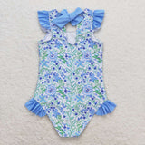 S0278 baby girl clothes blue green floral girl summer swimsuit