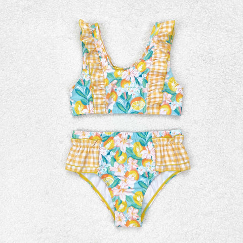 s0343  baby girl clothes flower orange gingham girl swimsuit swimwear beach wear