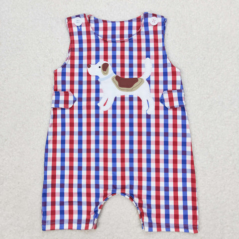 SR0821 toddler clothes dog gingham baby boy 4th of July summer romper