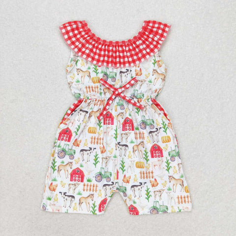 SR1301 baby girl clothes farm life red gingham girl summer jumpsuit