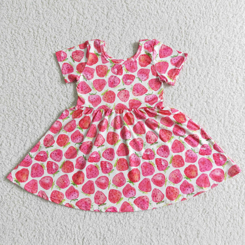 GSD0007 Pink Sweet Girl Short Sleeve Strawberry Print Summer Dresses-promotion 2024.1.27