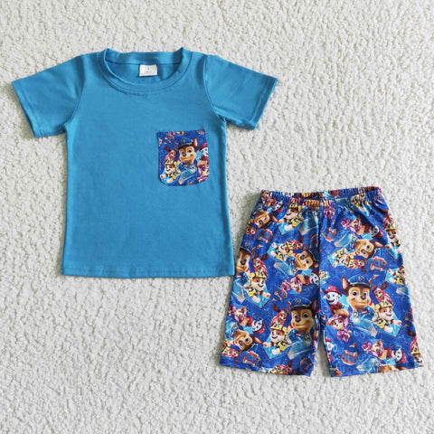 BSSO0059 Pocket Short Sleeve Shorts Cute Cartoon Dog Print Baby Boy Outfit-promotion 2024.4.13