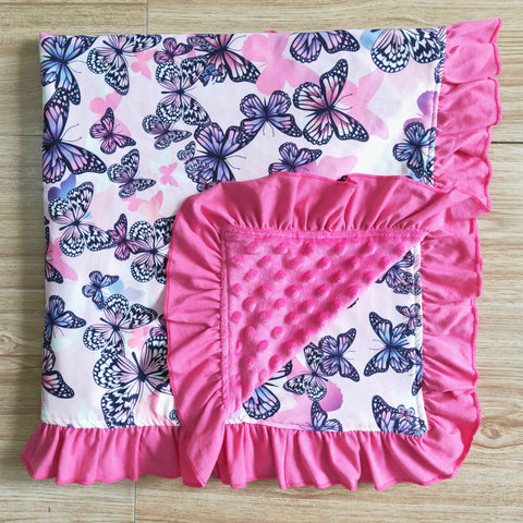 Butterfly Print Pink Baby Ruffle Blankets