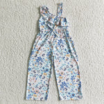 Blue Floral One Off Shoulder Ruffle pants Baby Girls Summer Jumpsuit