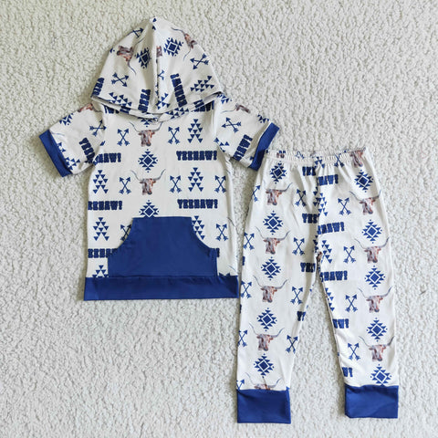 Boy Clothing Blue Cow Print Short Sleeve Hoodie Long Pants Outfit