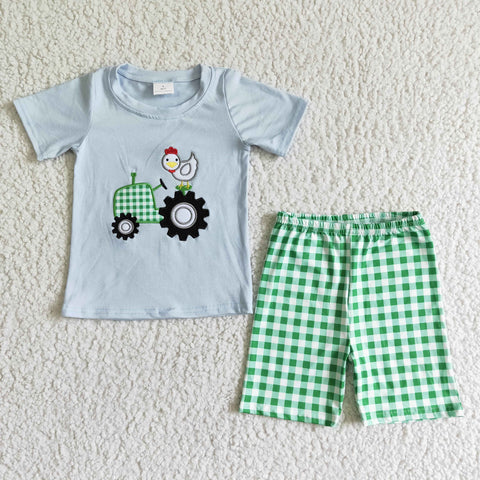 Chicken Truck Embroidery Plaid Shorts Farm Boy Outfits
