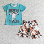 Babe Blue Cow Print Short Sleeve Shirt Ink Ruffle Short Baby Girl Pants Outfit