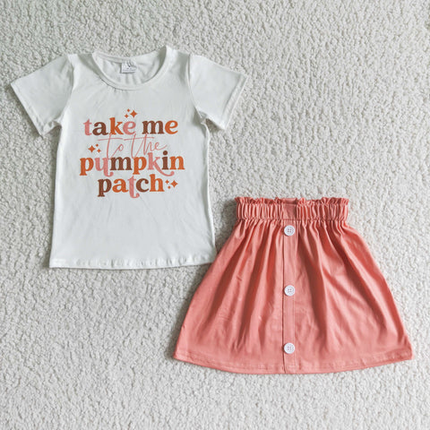 White Letter Pumpkin Print Short Sleeve Shirt Peach Skirt Summer Outfits