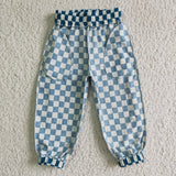 Blue Hound's-tooth Plaid Functional Drawstring Pocket Kids Cotton Pants