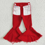 Red Denim Pants Double Lace Girls Ruffle Jeans