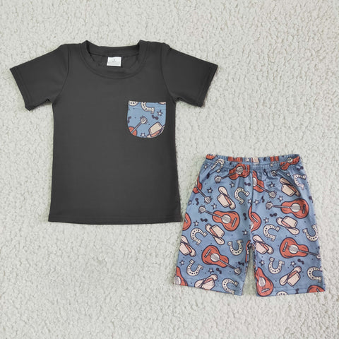 Grey Baby Boy Musical Instruments Print Pocket Summer Outfit