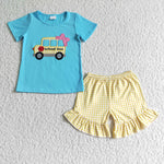 Back To School Bus Blue Short Sleeve Embroidery Baby Girls Clothes Shorts Outfit