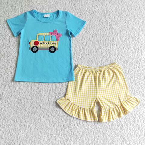 Back To School Bus Blue Short Sleeve Embroidery Baby Girls Clothes Shorts Outfit